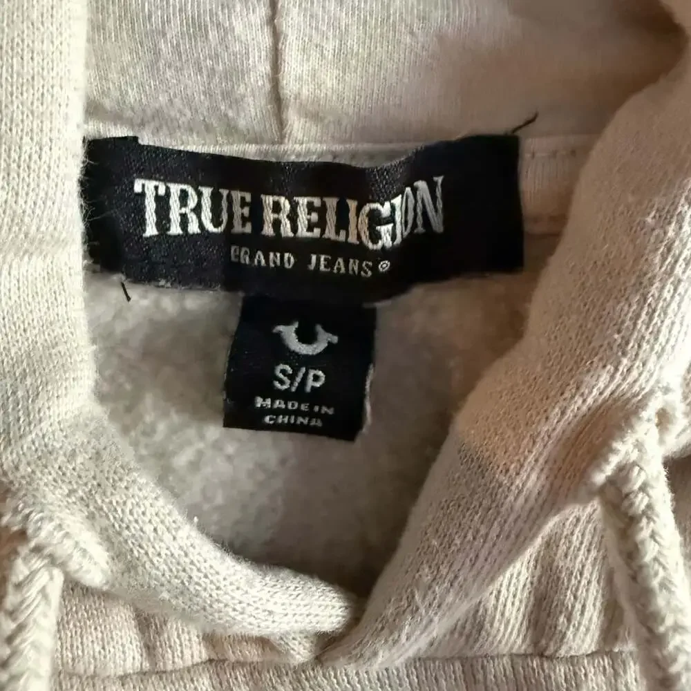 True Religion Brand Jeans Logo Pullover Hoodie Cream Men's Size S